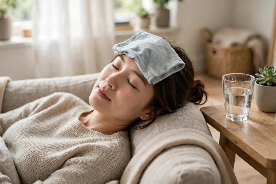 How to relieve a headache without medicine: a woman resting peacefully with her eyes closed and a cool cloth on her forehead