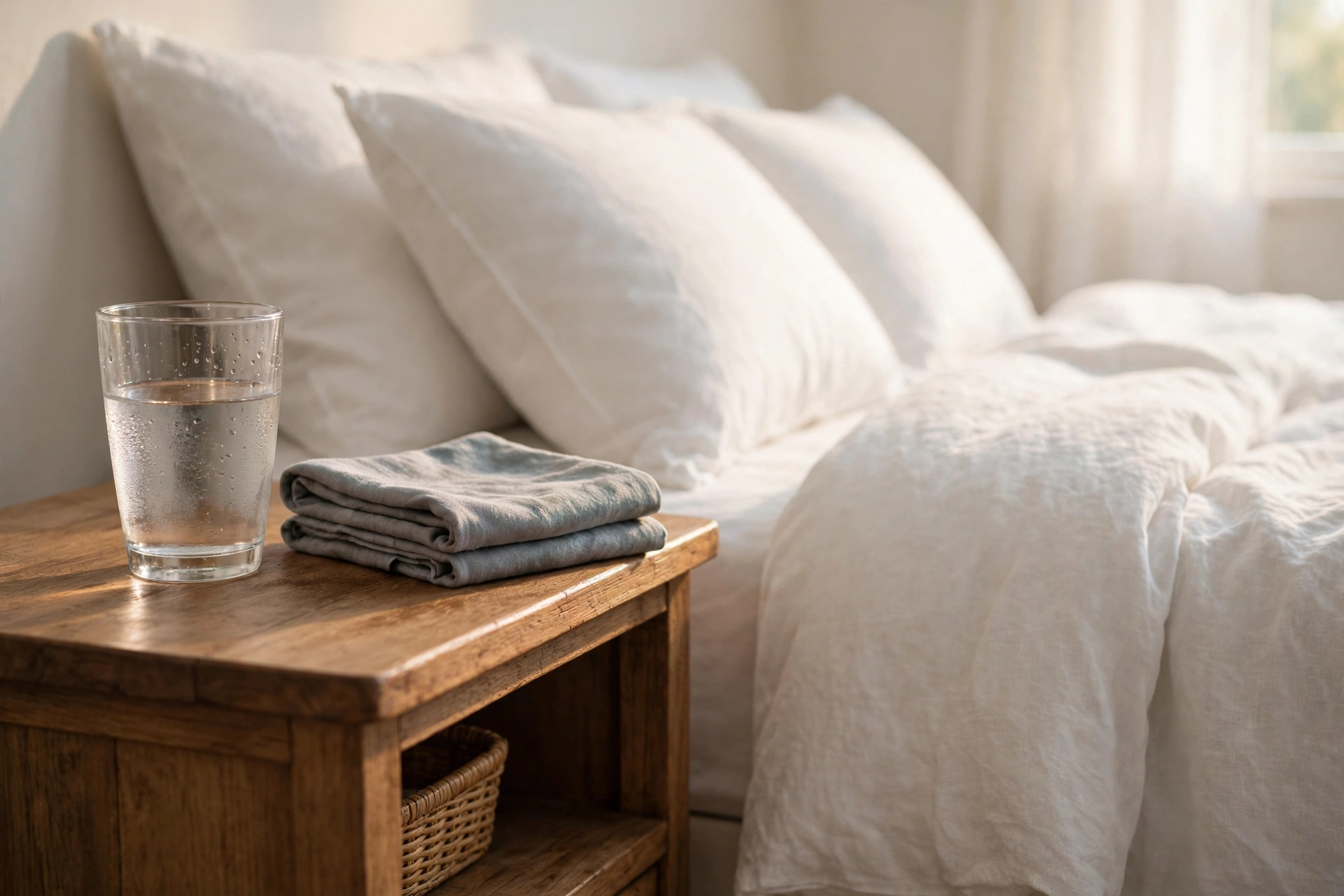 A glass of water and a cool damp cloth on a bedside table, simple natural remedies for a headache