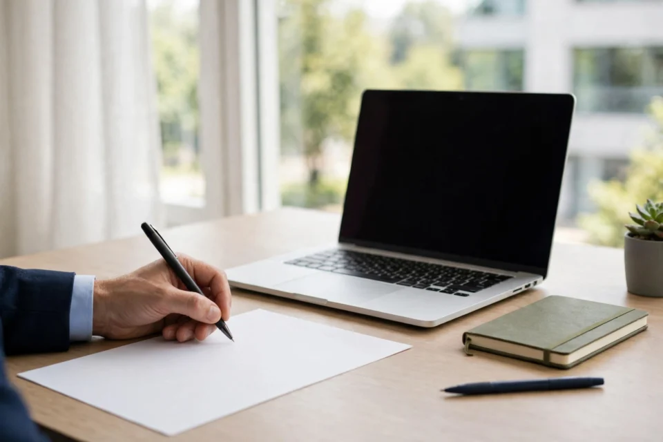 A person writing a resignation letter at a bright office desk with a laptop and notebook, preparing to resign from a job professionally