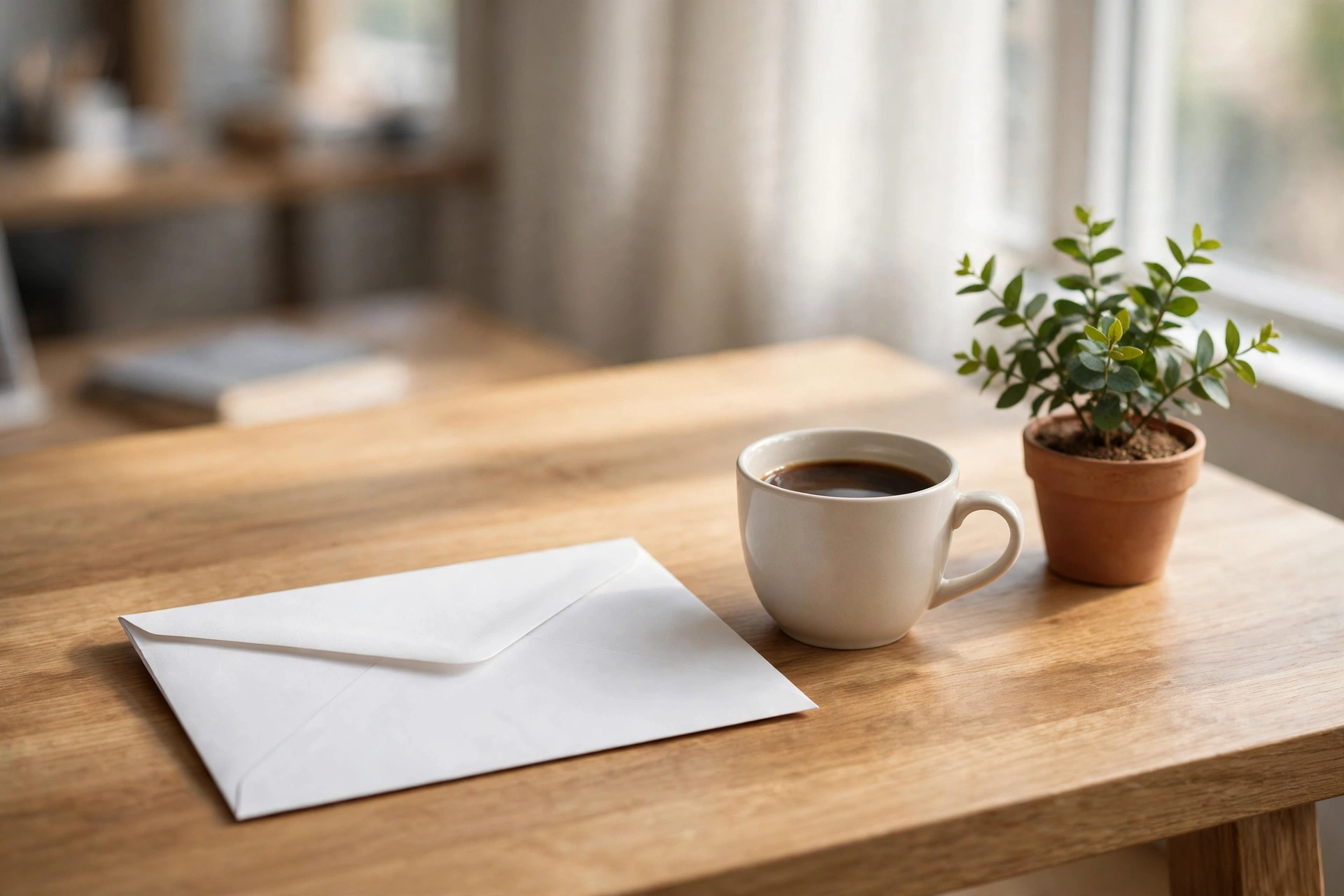 A sealed white envelope on an office desk beside a cup of coffee, ready to hand in a resignation letter