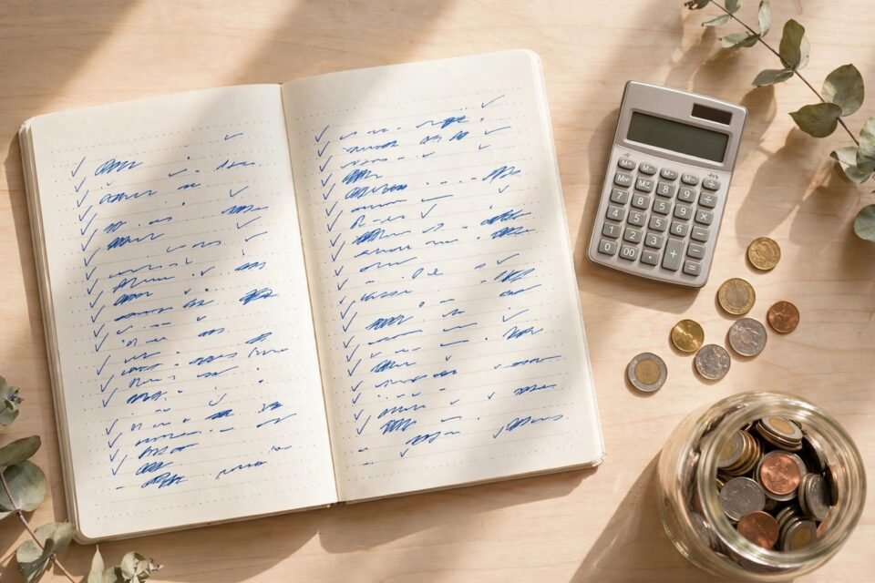 A budget notebook, calculator and savings jar, showing how to make a simple budget for beginners