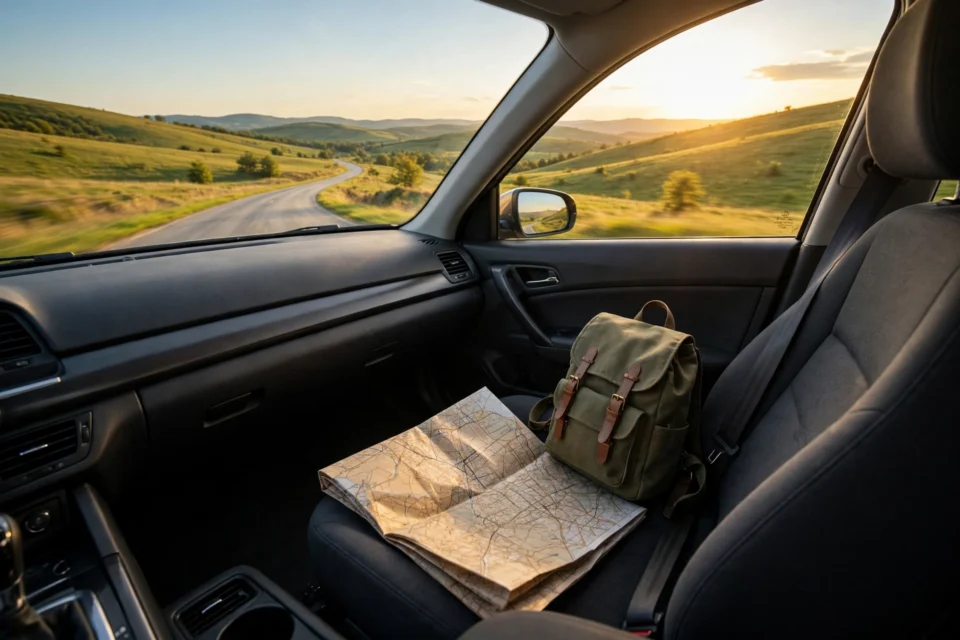 How to plan a budget road trip: a car driving along a scenic open road at golden hour with a map and a backpack on the passenger seat