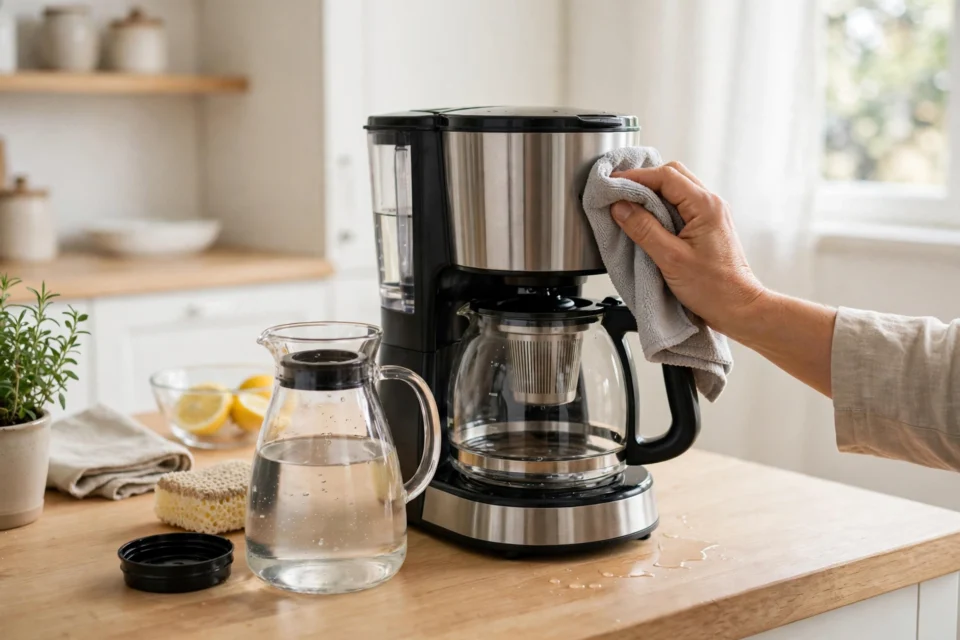 How to clean a coffee maker without vinegar: a drip coffee maker being wiped clean in a bright kitchen