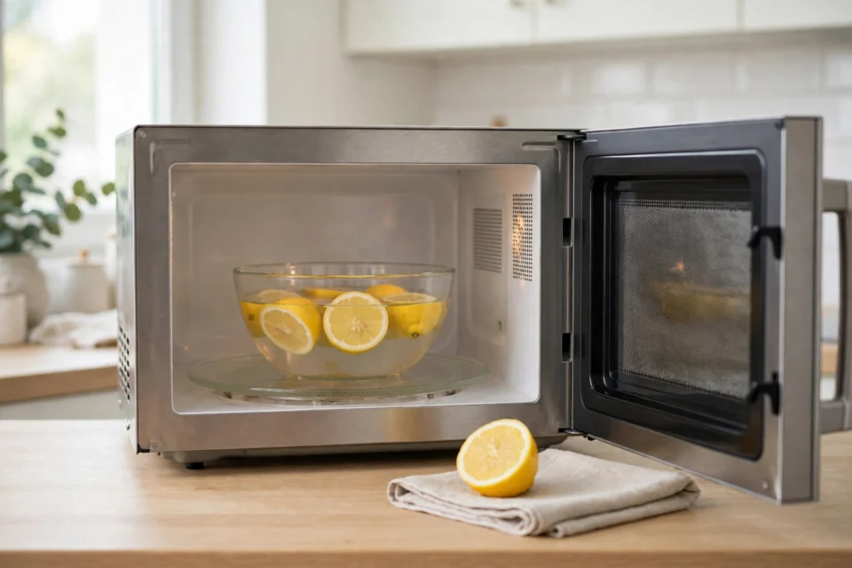 How to clean a microwave with lemon: a lemon cut in half beside a bowl of water inside a clean microwave in a bright kitchen