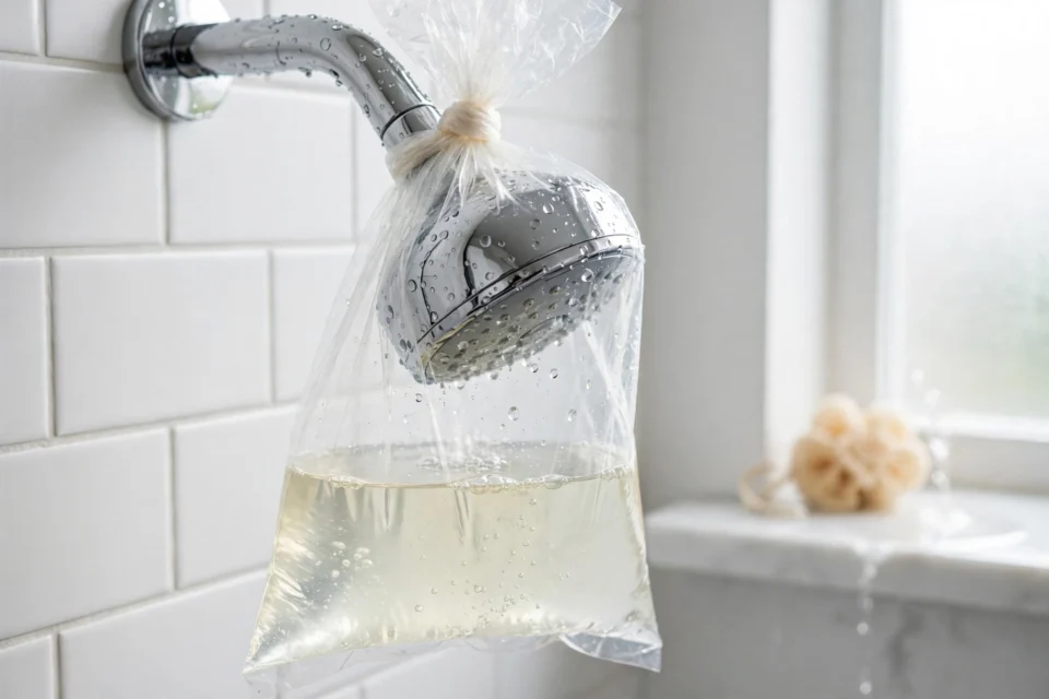 A chrome shower head with a clear plastic bag of white vinegar tied around it, showing how to clean a shower head with vinegar
