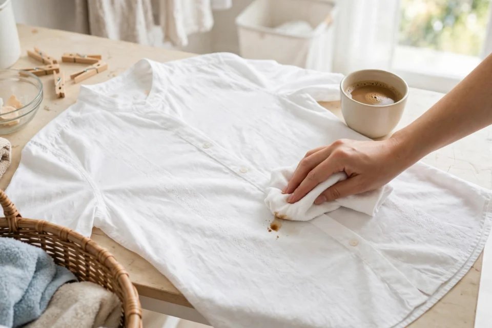 How to remove coffee stains from clothes: dabbing a coffee stain on a white shirt with a clean cloth beside a cup of coffee