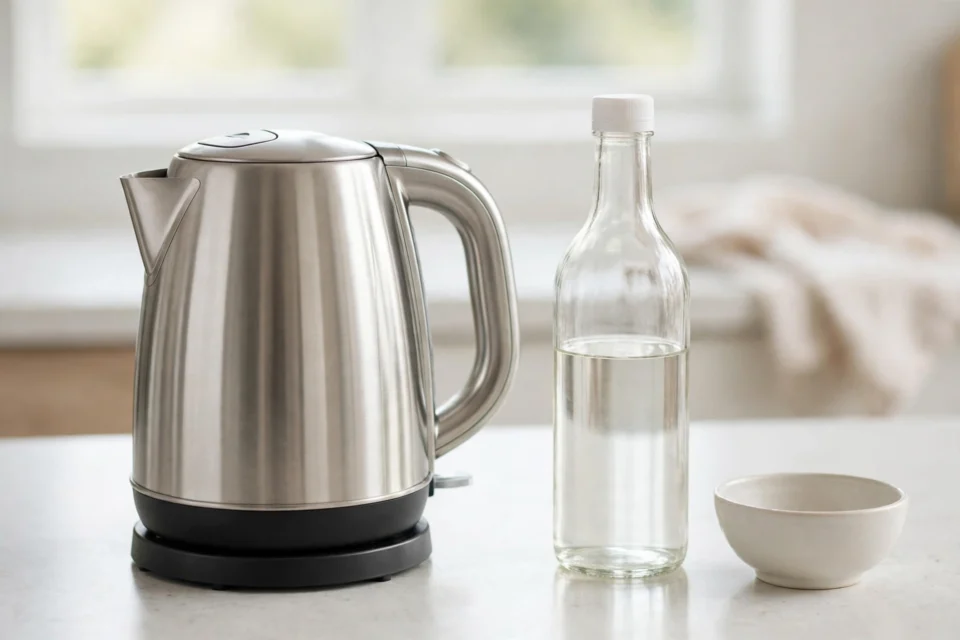 A stainless steel electric kettle next to a clear bottle of white vinegar and a small bowl on a bright kitchen counter, showing how to descale a kettle with vinegar
