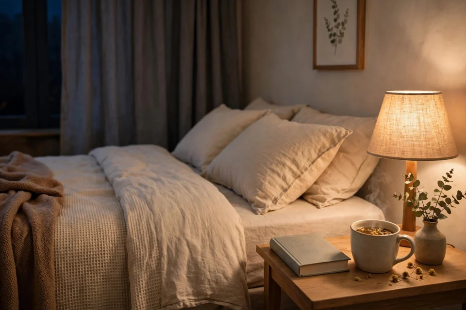 How to wind down before bed: a calm bedroom with warm lamplight, a book and herbal tea on the bedside table