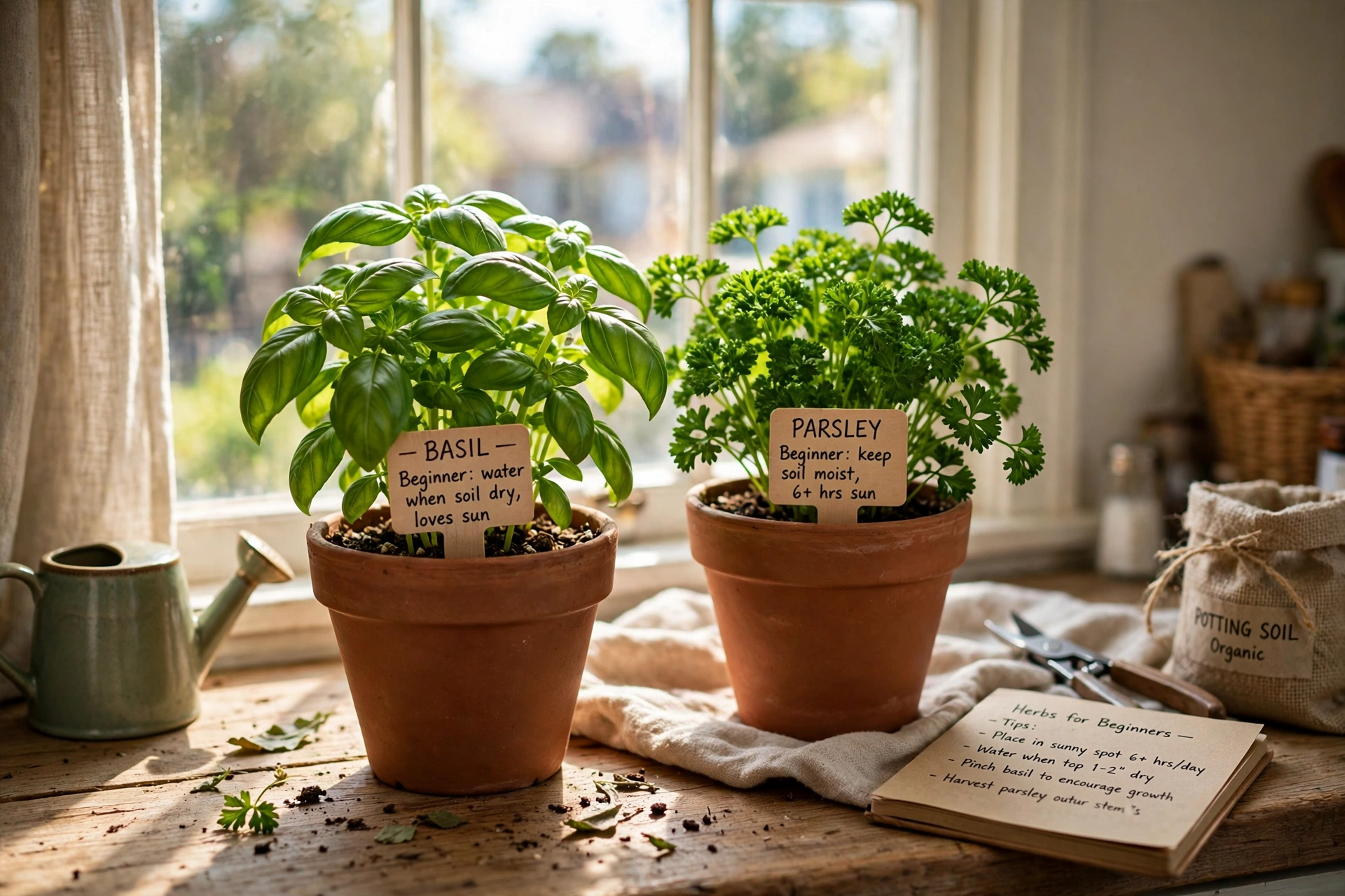 Indoor plant care tips for beginners: healthy potted plants near a sunny window