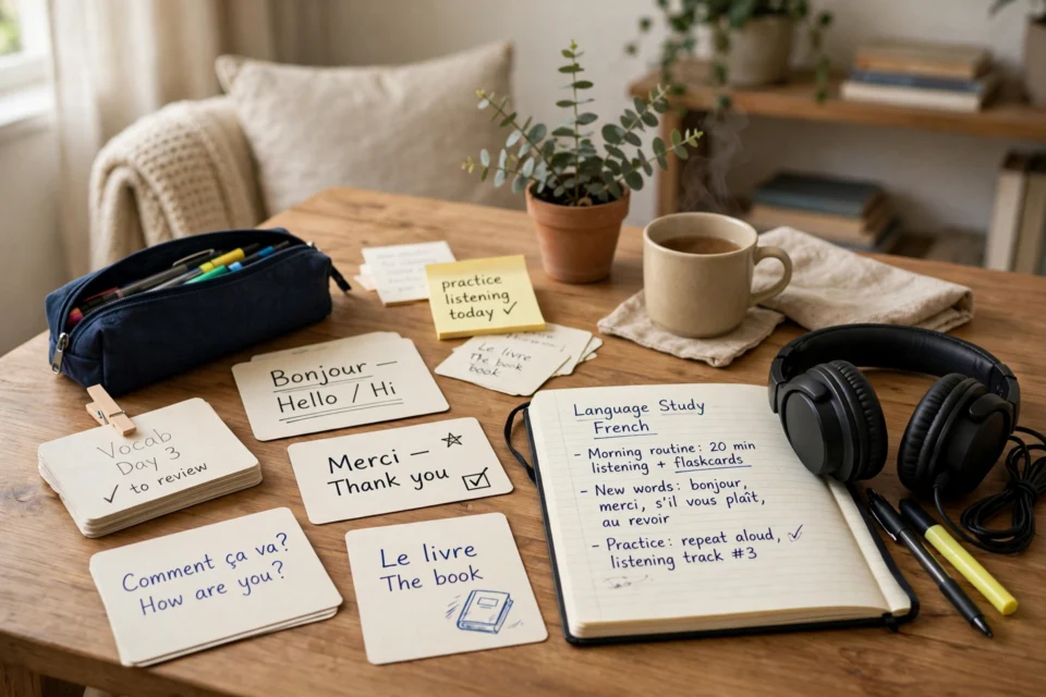 Learn a new language at home with flashcards and listening practice