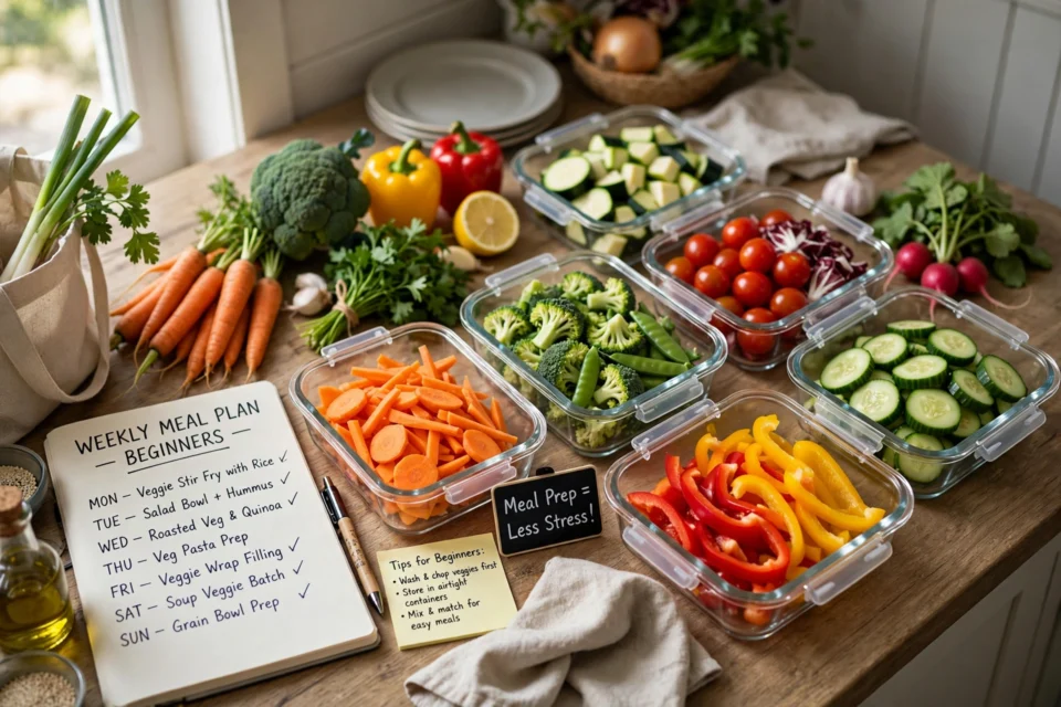 Weekly meal planning for beginners with fresh vegetables prepared in containers