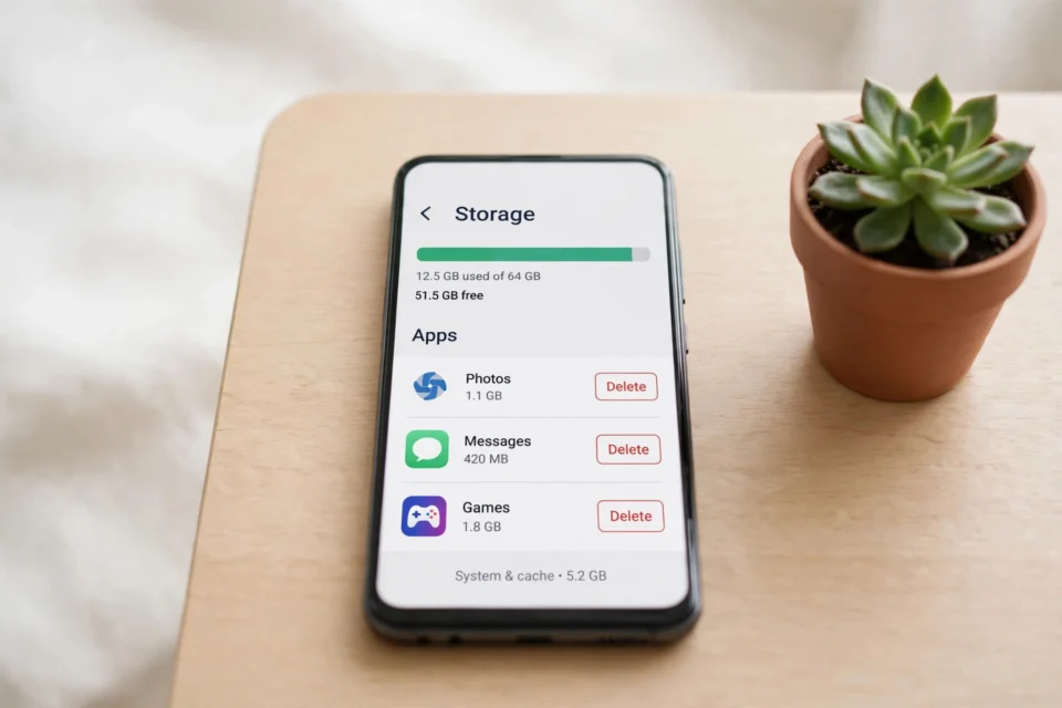 How to free up space on your phone: a smartphone on a desk showing its storage settings screen with a storage bar