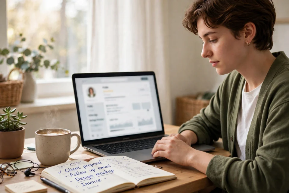 How to start freelancing with no experience: a beginner working on a laptop at a home desk with a notebook and a cup of coffee