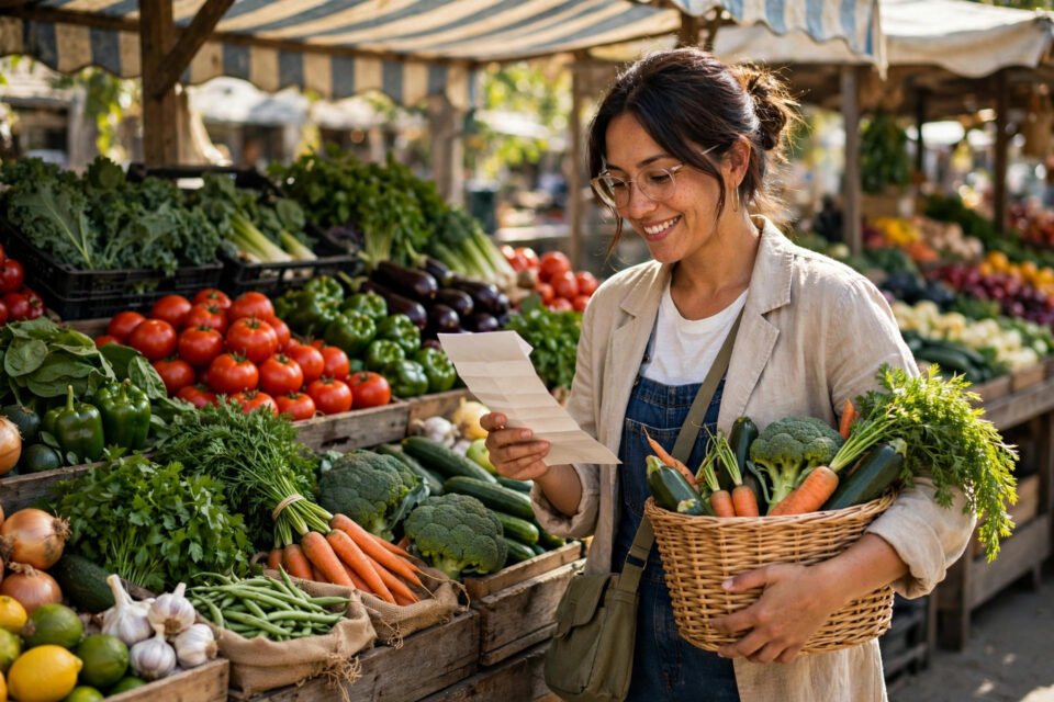 How to save money on groceries without coupons: a shopper with fresh vegetables, a shopping list and a basket at a market stall