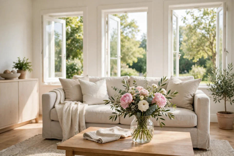 How to keep your home smelling fresh: a bright clean living room with open windows, fresh flowers and soft natural light