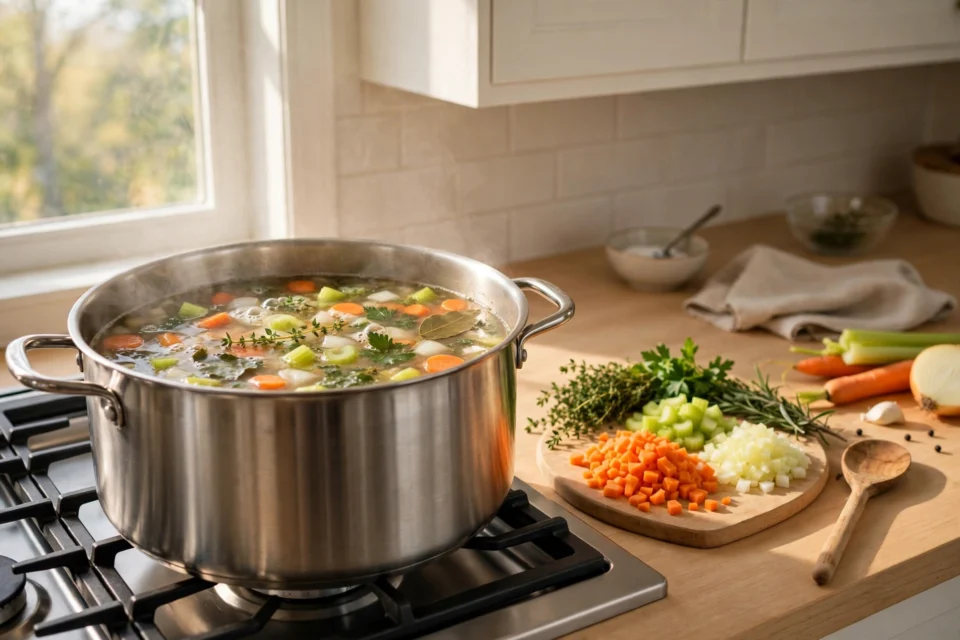 How to make homemade vegetable stock: a pot of golden vegetable stock simmering with fresh carrots, celery, onions and herbs in a bright kitchen