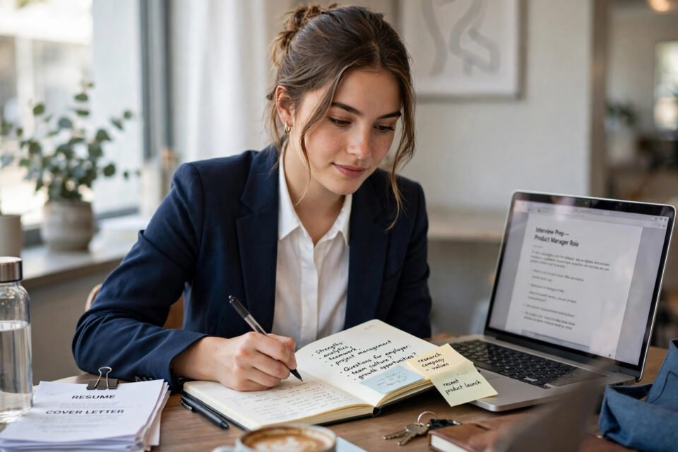 How to prepare for a job interview for beginners: a young job applicant in smart clothes preparing notes before an interview