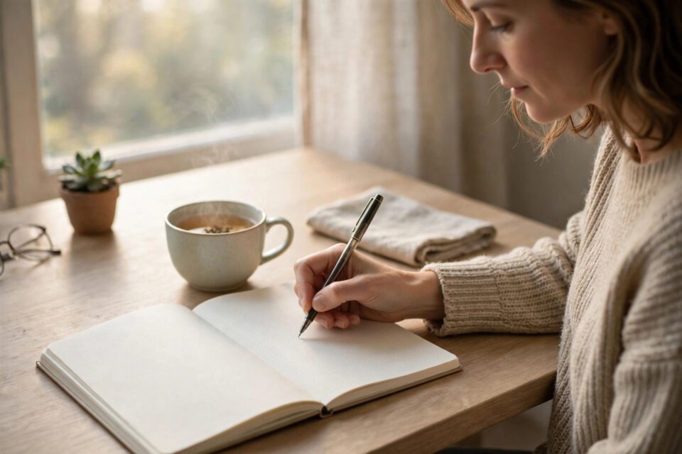 How to start journaling every day: a person writing in an open notebook with a pen on a calm desk