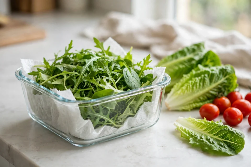 Fresh green salad leaves stored in a clear glass container lined with a paper towel, showing how to keep salad fresh longer