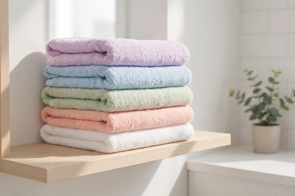 A stack of soft fluffy white and pastel towels folded neatly on a bathroom shelf, showing how to keep towels soft and fluffy
