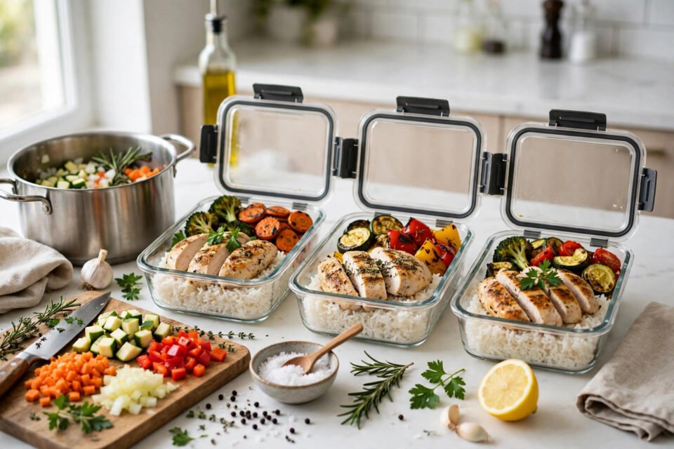 How to meal prep for beginners: neat meal prep containers with rice, vegetables and chicken on a kitchen counter