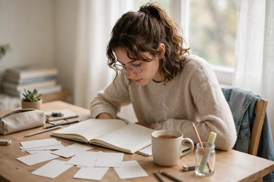 Student using simple techniques to memorize fast for an exam while revising notes at a desk