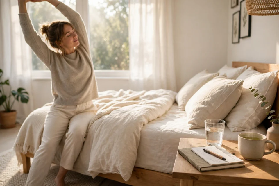 A calm morning routine for beginners with stretching, water and a notebook in soft morning light