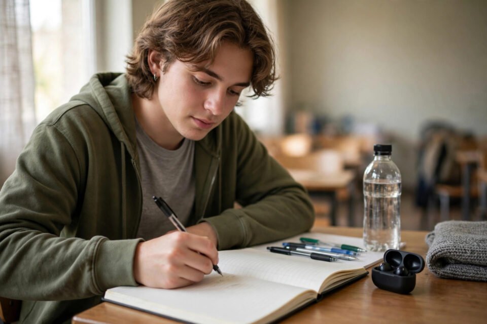 How to take better notes in class: a student writing clear notes in a notebook during a lecture