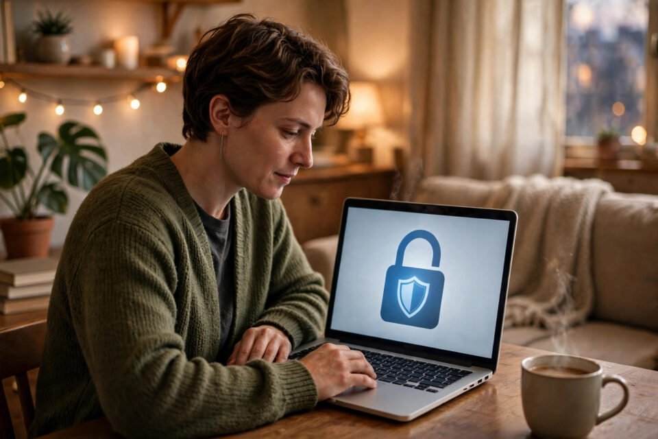 A person protecting their online privacy while using a laptop at home, showing how to protect your online privacy