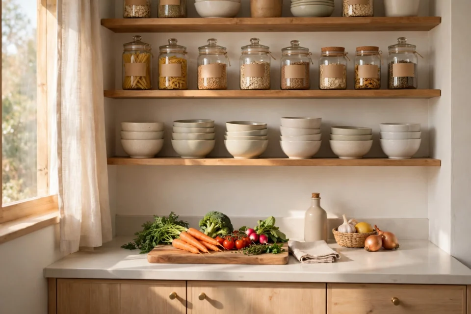 How to organize a small kitchen: a bright tidy small kitchen with organized shelves, labelled jars and a clear countertop