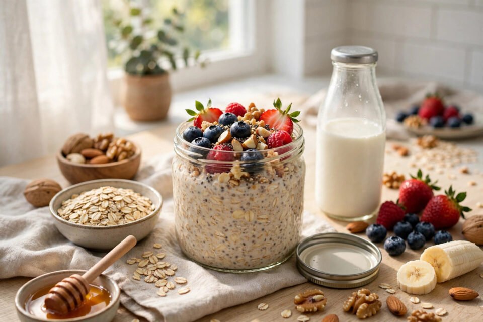 A jar of overnight oats with berries and nuts, ready for a healthy breakfast — how to make overnight oats for beginners