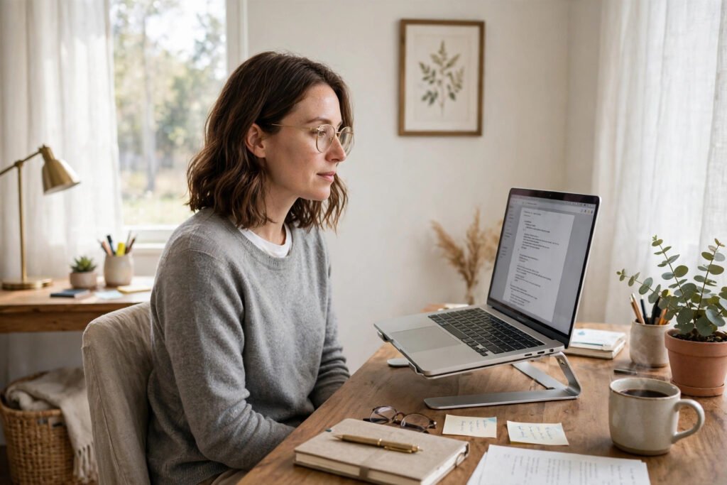 Good posture exercises at home with a tall, relaxed sitting position at a desk