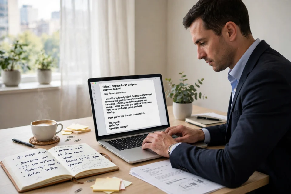 How to write a professional email: a person typing a formal email on a laptop at a tidy office desk