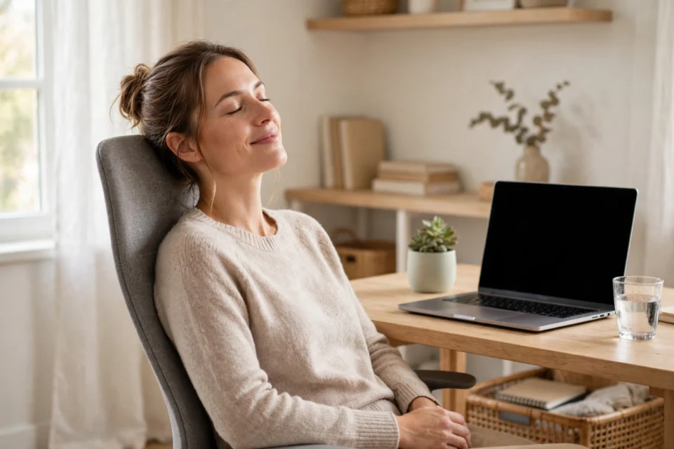 Woman resting her eyes away from a laptop screen, one of the simplest eye strain home remedies