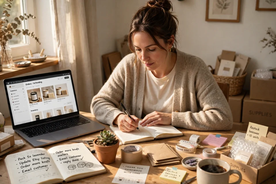 Small business ideas for women: a woman working from home on her small business at a desk with a laptop and notebook