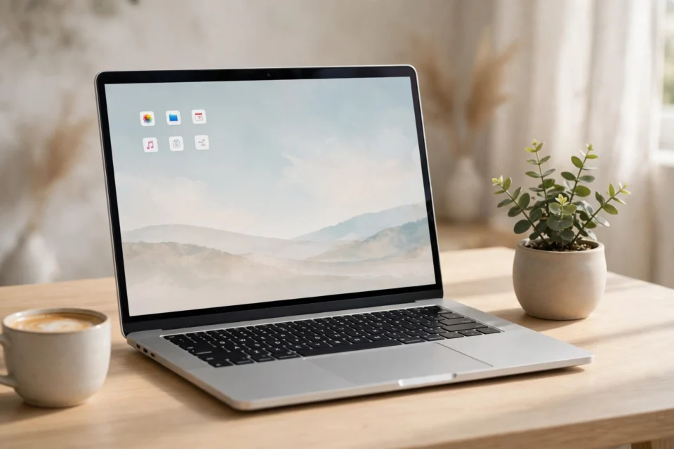 A laptop on a bright tidy desk with a small plant and a cup of coffee, showing how to speed up a slow laptop