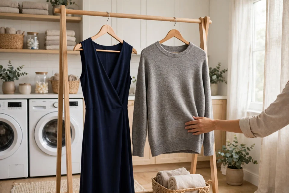 A neatly hung outfit showing how to get rid of static cling on clothes without the fabric sticking together