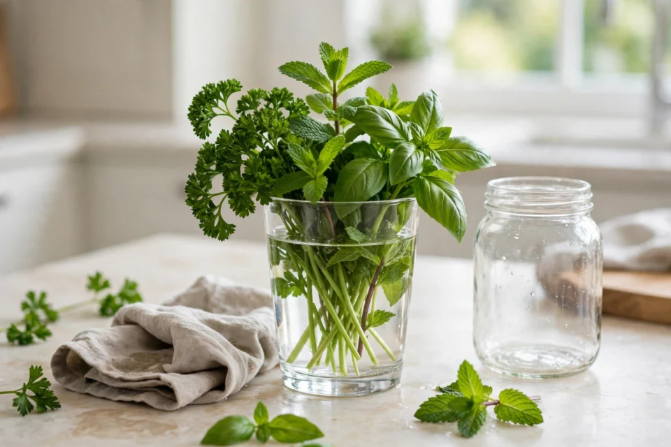 How to store fresh cut herbs: fresh cut parsley, basil and mint standing in a glass of water on a kitchen counter
