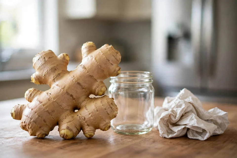 How to store ginger root fresh: fresh ginger root wrapped for storage beside a jar on a kitchen counter