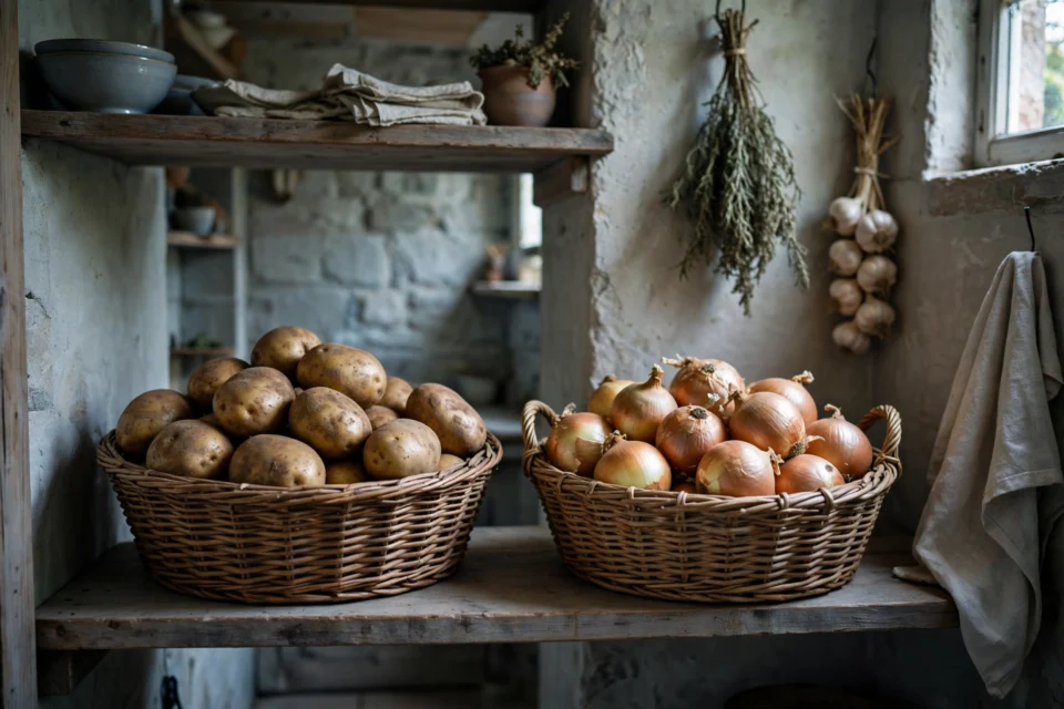 How to store potatoes and onions: potatoes and onions kept separately in baskets in a cool pantry