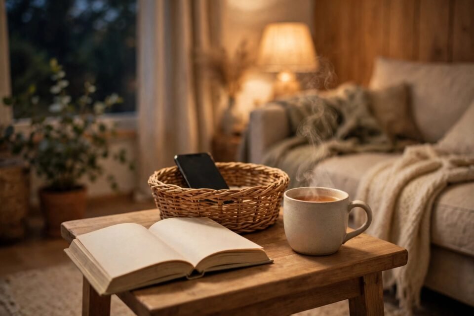 A phone placed face down at home to reduce screen time, with a book and tea nearby